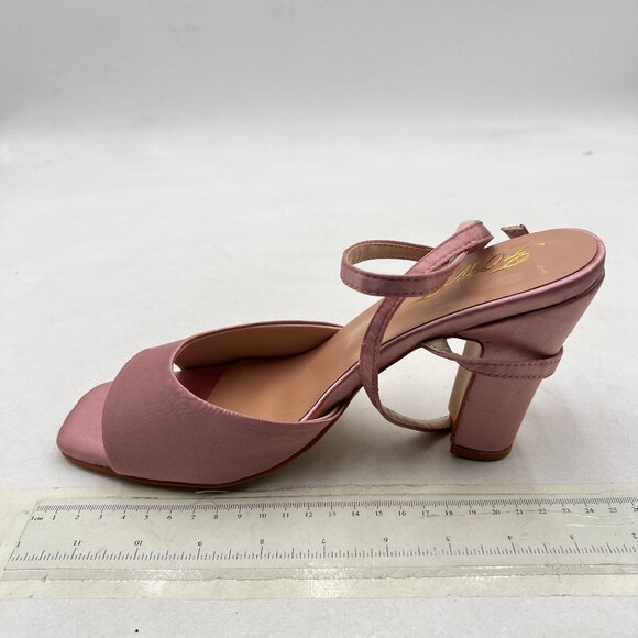 FOWT Pink Open Square Toe Satin Sandals Ankle Strap Chunky High Heels Shoes - Picture 2 of 8